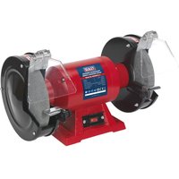 Red Sealey BG200XL bench grinder with dual 200mm grinding wheels and protective eye shields.