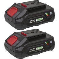 Black Sealey 20V cordless Li-ion battery pack with red accents and charge indicator, set of two.