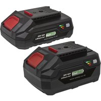 Black Sealey cordless Li-ion battery pack, 20v, 2ah and 4ah, with red accents and charge indicator lights.