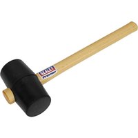 Sealey black headed rubber mallet with wooden handle and Sealey logo on the side.