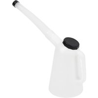 White Sealey oil container jug with black lid and long flexi-spout, featuring a side handle for easy pouring.