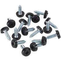 Black plastic enclosed head number plate screws with silver metal threads, scattered on a white background.