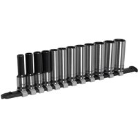 Sealey Black Series 12 Piece 3/8" Drive Deep Hexagon Socket Set with sleek black and silver finish on a rail.