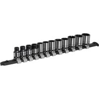Sealey Black Series 12 Piece 3/8" Drive Hexagon Socket Set with chrome finish on a black rail.