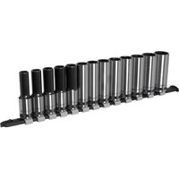Sealey Black Series 13 Piece 1/2" Drive Deep Hexagon Socket Set with chrome finish on a black rail.