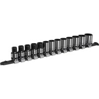 Sealey Black Series 13 Piece 1/2" Drive Hexagon Socket Set with black and chrome sockets on a metal rail.