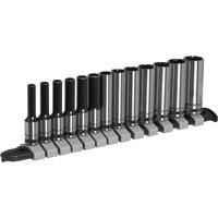 Sealey Black Series 13 Piece 1/4" Drive Deep Hexagon Socket Set with sleek black and silver sockets on a rail.