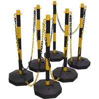 Black and yellow post and chain kit with six striped posts and interconnecting chains, featuring stable octagonal bases.
