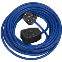 Blue Sealey 13A 1.5mm trailing extension cable, 240v, with UK plug and single black socket.