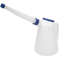 White Sealey oil container jug with blue lid and flexible spout, featuring a sturdy handle.
