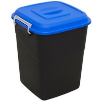 Blue-lidded black Sealey 50L refuse/storage bin with a rectangular shape and metal handles.