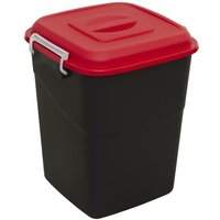 Red-lidded black Sealey BM50R refuse/storage bin, 50L capacity, with a white handle.