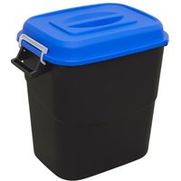 Blue-lidded black Sealey 75L refuse/storage bin with side handles and rectangular shape.