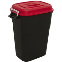 Red-lidded black Sealey refuse/storage bin, 95L capacity, with side handles and rectangular shape.