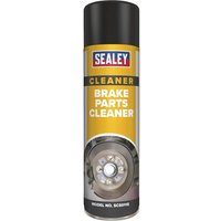 Yellow Sealey Brake Parts Cleaner spray can with black cap and brake disc image.