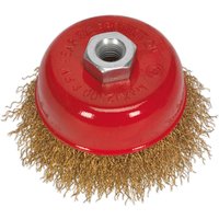 Red Sealey brassed wire cup brush with dense golden bristles and a central hexagonal nut fitting.