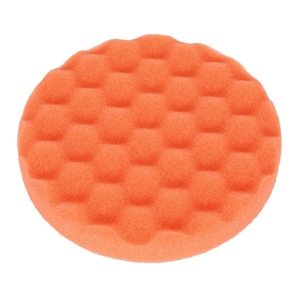 Orange foam buffing and polishing head with a textured surface, measuring Ø150 mm, designed for use with hook and loop systems.