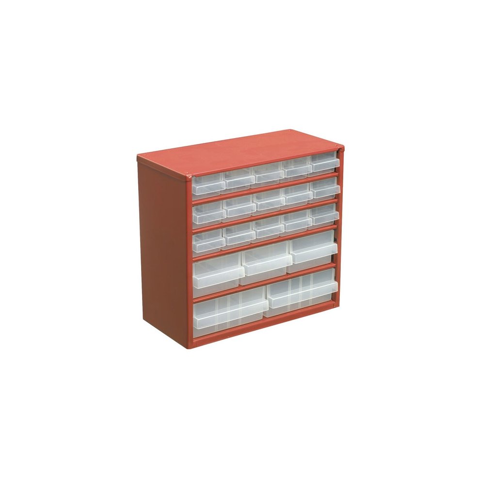Red cabinet box with 20 clear plastic drawers, designed for storage and organization, featuring a sturdy construction and compact design for easy placement.