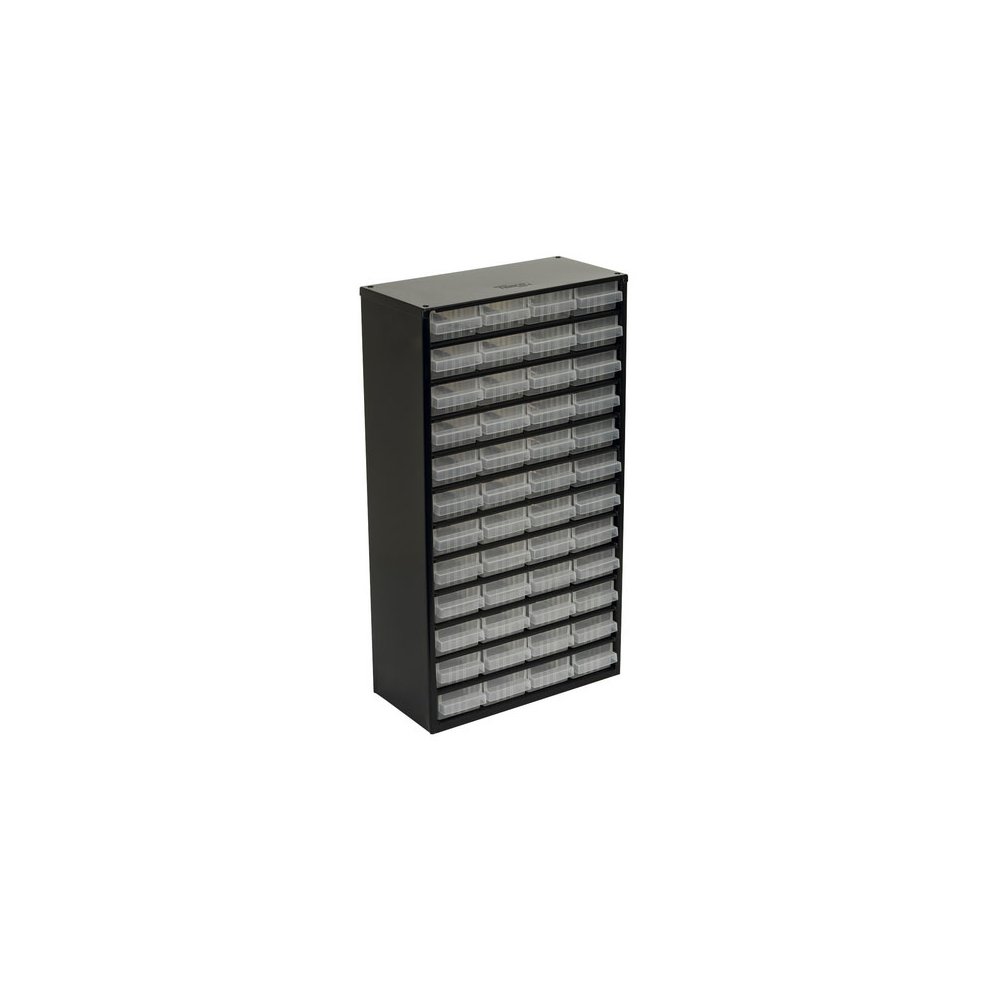 Black metal cabinet box with 48 clear plastic drawers, featuring a sleek design and labeled compartments for organized storage.