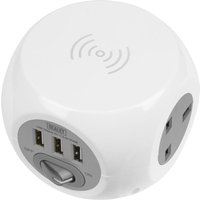 White Sealey extension cube with wireless charging, three USB sockets, and multiple power outlets.