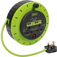 Green Sealey cable extension reel with 2 UK sockets, 2 USB ports, and black casing.