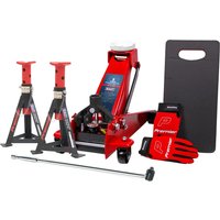 Red Sealey car lifting kit with hydraulic jack, two jack stands, kneeling pad, gloves, and a long handle.