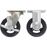 Sealey castor wheel kit with two black rubber wheels, one swiveling with a brake and one fixed, silver metal mounts.