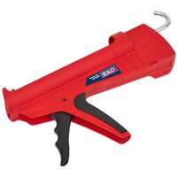 Red Sealey caulking gun with black handle and trigger, featuring a metal hook on the end.
