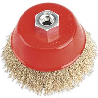 Brassed steel cup brush with red base, 100mm diameter, M14 x 2mm threaded center.