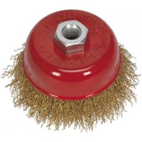 Brassed steel cup brush with red casing, Ø75mm size, M10 x 1.5mm thread, dense golden bristles.