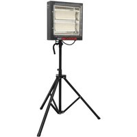 Sealey ceramic heater on black tripod stand, rectangular design with visible heating elements, 1.4/2.8Kw 230V.