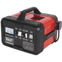 Red and black Sealey CHARGE106 automotive battery charger with handle, analog display, and control buttons.