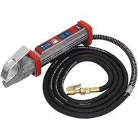 Sealey Clip On Connector Tyre Inflator with red grips, digital gauge, and black flexible hose with brass connector.