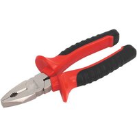 Red and black-handled Sealey combination pliers, 175mm, with a shiny metal jaw and ergonomic grip.