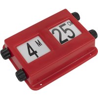 Red Sealey height indicator with black knobs, displaying "4 M" and "25 CM" on white panels.