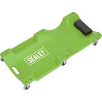 Hi-vis green Sealey composite creeper with black headrest, six wheels, and integrated handle.