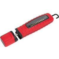 Red Sealey cordless inspection lamp with 10 SMD LEDs, 360° rotation, and black hook, rechargeable lithium-ion battery.