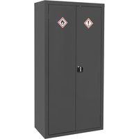 Gray Sealey COSHH hazardous storage cabinet with two doors, safety symbols, and a central locking handle.