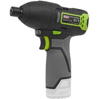 Sealey cordless impact driver, black and grey with green accents, 1/4in hex drive, compact design, no battery included.