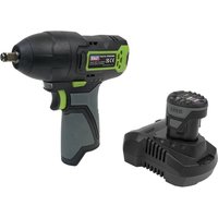 Black and green Sealey cordless impact wrench with grey grip and separate rechargeable battery pack.