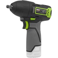 Sealey cordless impact wrench, 3/8in drive, black and green accents, ergonomic gray grip, compact design.