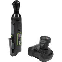 Black Sealey cordless ratchet wrench with 3/8" drive, 10.8v battery, ergonomic grip, and compact design.