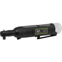 Black Sealey cordless ratchet wrench with 3/8in square drive, compact design, and ergonomic grip, body only.