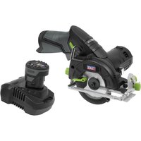 Black Sealey cordless circular saw with 85mm blade, ergonomic handle, and detachable battery pack.