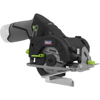 Black and gray Sealey cordless circular saw with green accents and Ø85mm blade, compact design, ergonomic handle.