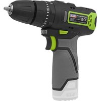 Black and green Sealey cordless combi drill with ergonomic grip and adjustable chuck, part of the SV10.8 series.