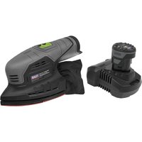 Gray Sealey cordless detail sander with ergonomic grip, triangular sanding pad, and detachable battery pack.