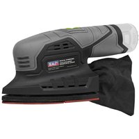 Grey and black Sealey cordless detail sander with ergonomic grip and dust bag attachment.