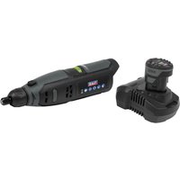 Black Sealey cordless rotary tool with ergonomic grip and digital display, includes compact battery and 50-piece accessory kit.