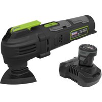 Black and green Sealey cordless oscillating multi-tool with detachable battery and ergonomic grip.
